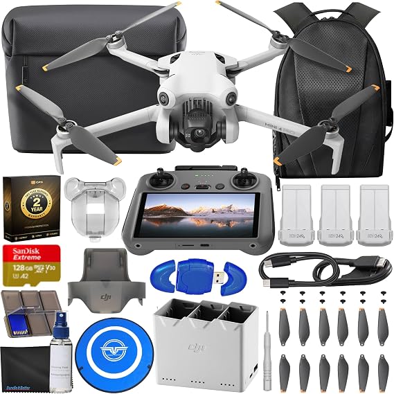 DJI Mini 4 Pro Drone Fly More Combo with RC 2 Controller (With Screen) Folding Drone with 4K Video, Under 249g, 34 Mins Flight Time, 3 Batteries Bundle with 128GB Memory Card, CPS + Pilot Kit