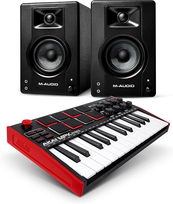 Recording Studio Bundle - AKAI Professional MPK Mini MK3 MIDI Keyboard Controller and 3.5" Studio Monitor Speakers with Music Production Software
