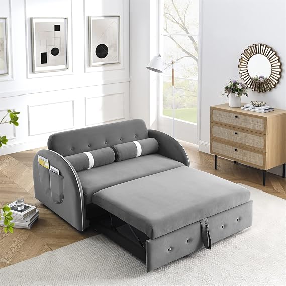 Holaki Modern 55.5" Pull Out Sleep Sofa Bed 2 Seater Loveseats Sofa Convertible Couch with Side Pockets, Adjsutable Backrest and Lumbar Pillows for Apartment Office Living Room(Grey)