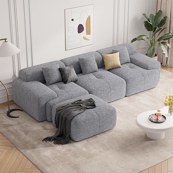 Hawthyhone L Shaped Corner Sofa 310cm Chenille Sofa, Grey | Memory Foam,3-4 Persons Corner Sofa Bed,No Assembly Required,Living Room