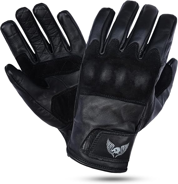 Leatherick Mens Cowhide Leather Motorcycle Gloves - Durable, Touch Screen Compatible Motorcycle Gloves with CE Certified Protective Suede Leather Knuckles