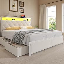 Queen Bed Frame with 4 Drawers, Upholstered Headboard with Storage, Fast Charging Station, LED Lights, Bed Frame Queen Size with Fabric Drawers, No Box Spring Needed, Easy Assembly, Beige