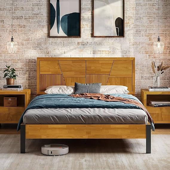 Bme Trapeze Queen Bed Frame Modern Solid Wood Bed with Smooth Pattern Headboard, Black Metal Legs, Teak Brown Finish Durable Queen Size Platform Bed for Contemporary Bedrooms