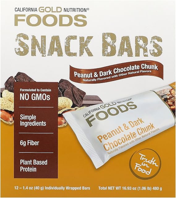 California Gold Nutrition, Foods, Peanut & Dark Chocolate Chunk Bars with Dry Roasted Almonds, Chicory Root Fibre, Pea Crisps and Honey, 12 Bars, 1.4 oz (40 g) Each