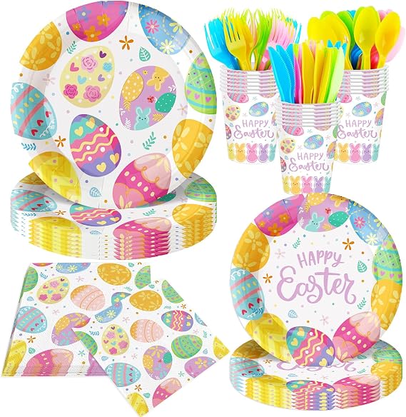 140Pcs Easter Party Supplies Easter Eggs Plates and Napkins Happy Easter Party Decorations Tableware Set Birthday Party Picnic Disposable Paper Plates, Serve 20 Guest
