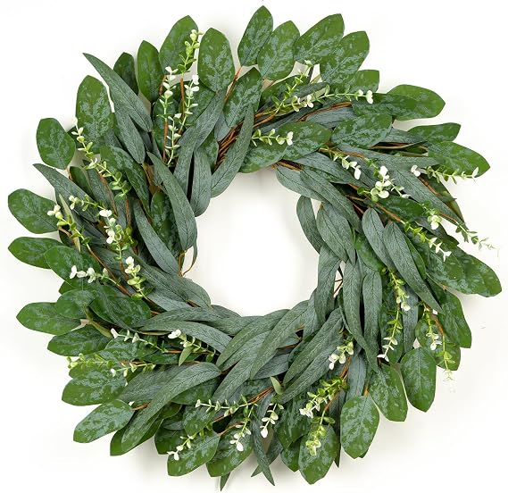 Summer Wreath for Front Door, 26 in Olive Eucalyptus | Artificial Silk White Flowers, Grapevine Base, Handmade Craftsmanship, Outdoor Porch Window, Minimalist All Seasons Decor