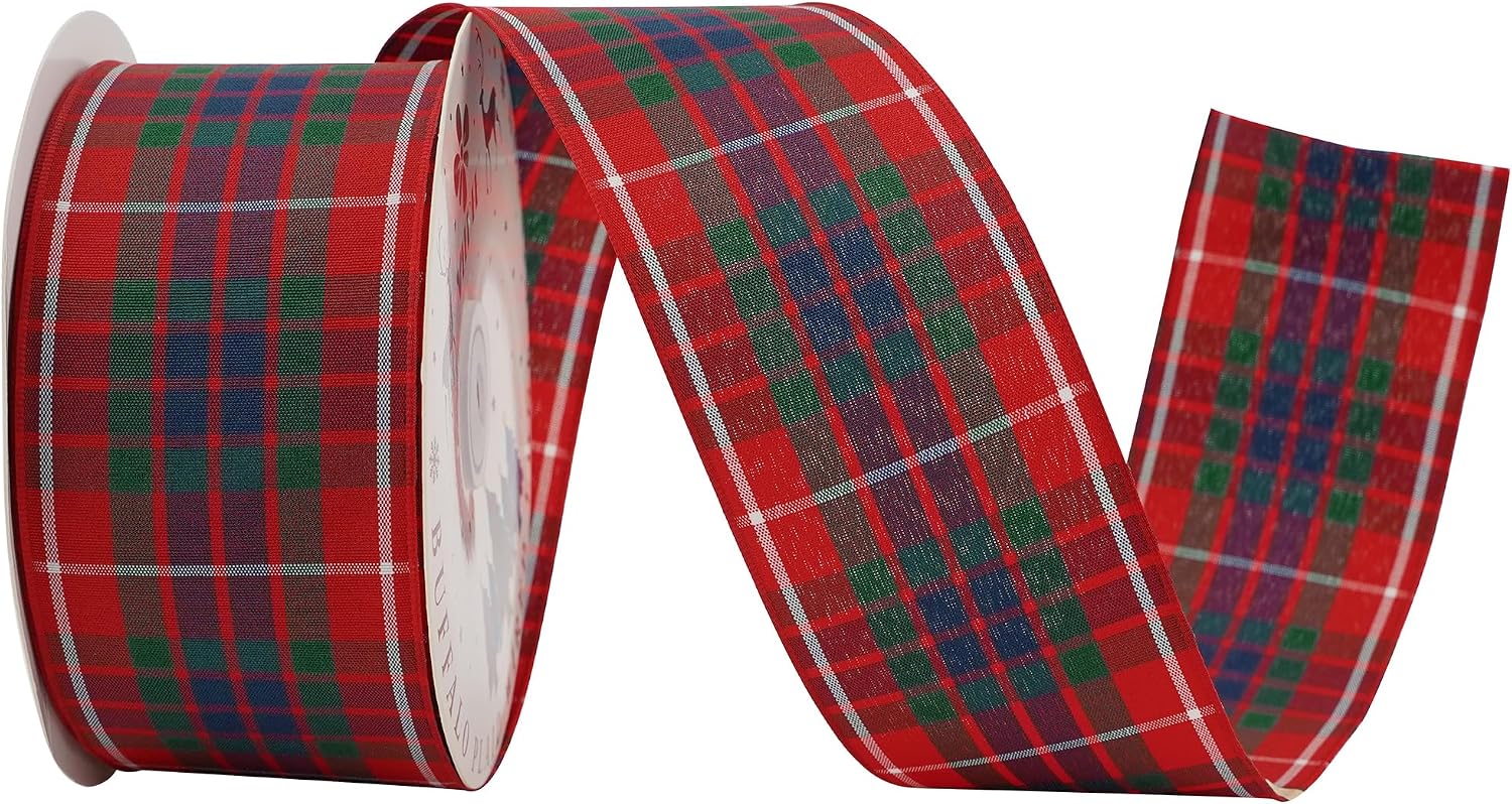 MEEDEE Fraser Dress Tartan Ribbon 2-12 Wide with 25 Yards Red, Blue, Green & White Scottish Plaid Polyester Wired Ribbon for Christmas Tree, Wreaths, Bows, Gift Wrap, Weddings, Holiday Crafts
