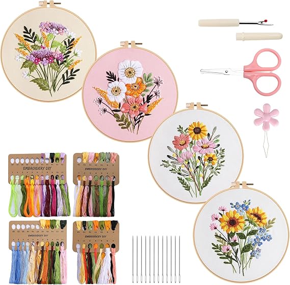 4pcs Embroidery Kits Flower, Embroidery Kit for Beginners, Embroidery Starter Kit Adults, Stamped Embroidery kit with Flower Pattern, DIY Craft Embroidery with Video Tutorial Instruction
