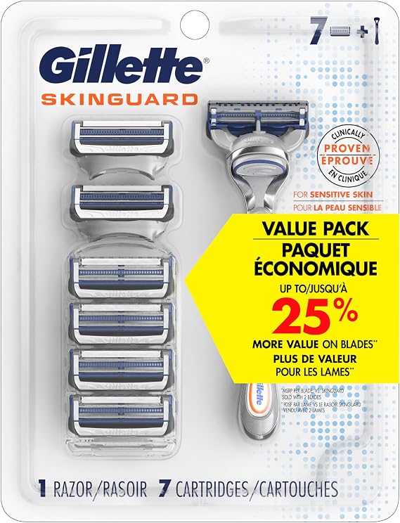 Gillette Skinguard Men's Shaver Includes 1 Handle, 7 Razor Spares (packaging may variety)