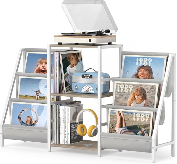 Tewinko Record Player Stand with Vinyl Storage, Record Player Table with Record Storage 200 Albums, Turntable Stand with Record Holder Vinyl Display Shelf, Record Cabinet Media Stereo