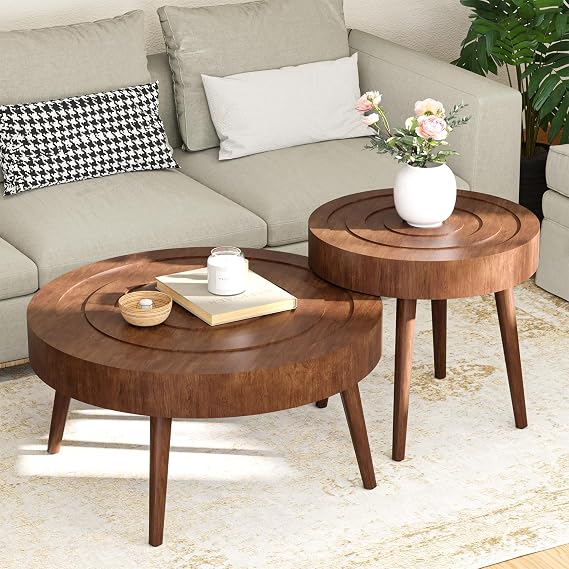 SUNBURY Round Coffee Table, Nesting Tables with Concentric Circle Pattern, Mid Century Modern Coffee Table Set for Living Room Bedroom, 31.5"x16" and 21.8"x20"