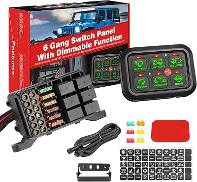 6 Gang Switch Panel, Niwaker 12V Automatic Dimmable Switch Box Universal Electronic Relay System Circuit Control Box LED Touch Control Panel Box for Truck Pickup Off Road SUV UTV RV Boat
