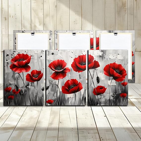 Red Flowers Canvas Wall Art - 3 Panels Abstract Nice Flowers Landscape Autumn Picture for Living Room Decorative Woodern Framed Print Artwork Ready to Hang Bathroom Wall Decor 12x16inch 3PCS