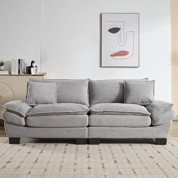 84" Oversized Loveseat Sofa Couch Deep Seat Corduroy Couch Love Seat Sofa with Pillows Modern Upholstered Comfy Couches for Living Room Bedroom Office Apartment, Light