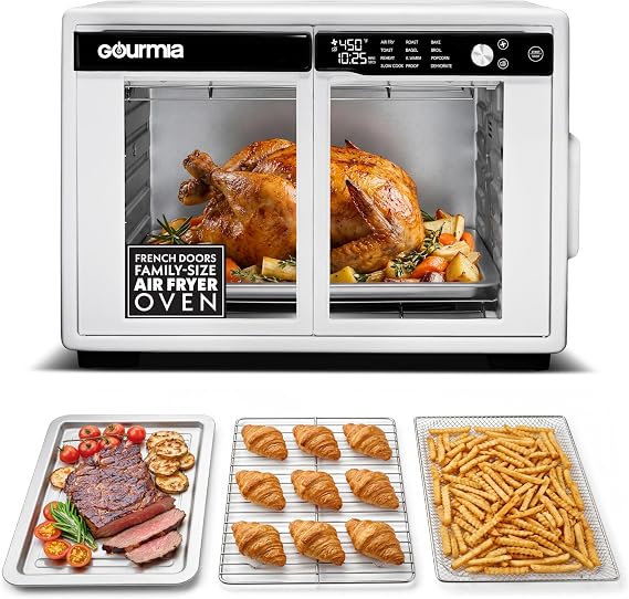Gourmia French Door Air Fryer Oven - 37 Qt Large Capacity Convection Toaster Oven, FryForce 360, Digital Display, 12 Cooking Presets, Dehydrate, Fits 13 Pizza, Dishwasher-Safe, White