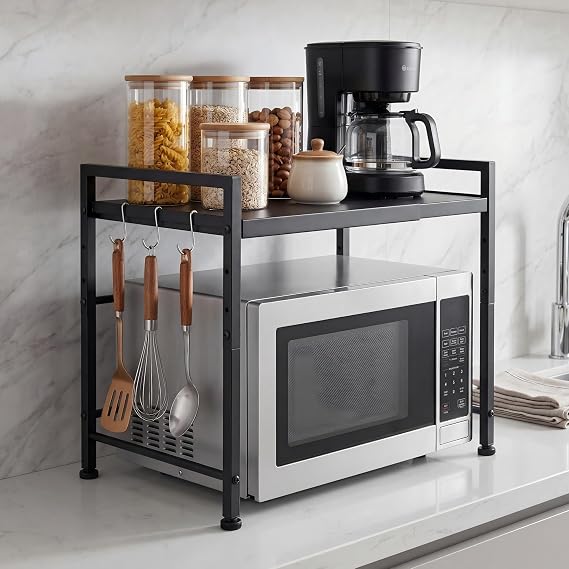 2 Tier Extendable Microwave Oven Stand, Kitchen Storage Rack | Metal Microwave Holder with 3 Hanging Hooks, Worktop Organiser with Adjustable Shelves for Kitchen Utensils Storage