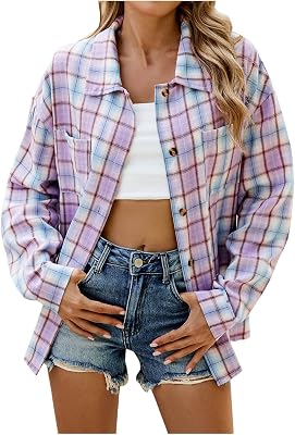Flannel Plaid Shirts for Women Oversized Button Down Lapel Blouse Tops Long Sleeve Loose Casual Jackets with Pockets