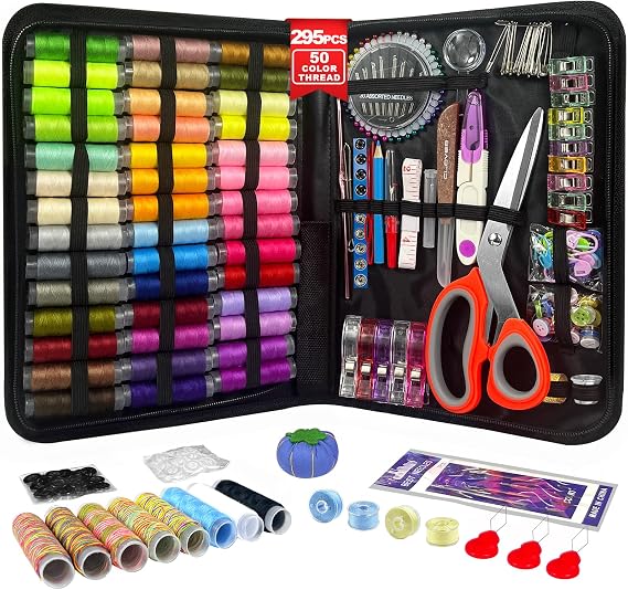 Sewing Kit for Adults 50 Colour Thread Kit 295 Pieces Professional Sewing Tools Includes Thread Ergonomic Scissors Needles and More Mini Sewing Kit for Beginners Travel Home School and DIY Gift