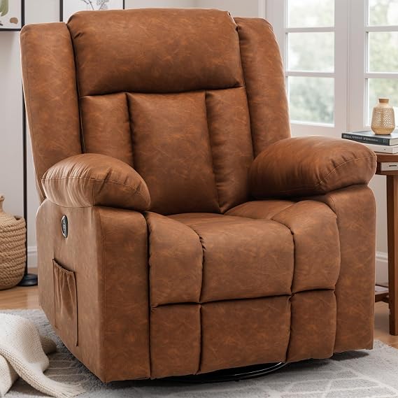 Korser Rocker Recliner Chair, Glider Recliner Chairs for Adults, 360 Swivel Recliner with Massage and Heating, Rocking Recliner Chair with Side Pockets and USB for Living Room, Nursery, Bedroom
