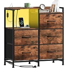 Somdot Chest of Drawers Bedroom with Charging Station and LED Light, 5 Drawers Storage Unit with 2 Outlets and 2 USB Ports, Storage Cabinet for Kids Dorm Living Room Closet, Wood Grain Print