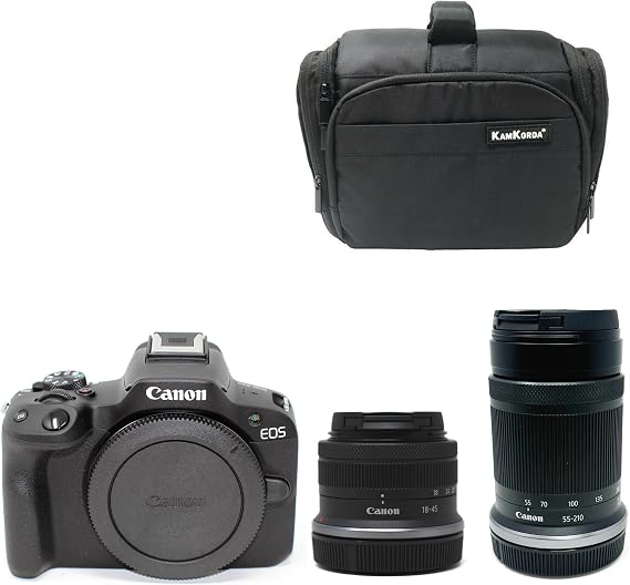 KamKorda Camera Bag + R50 Mirrorless Camera + RF-S 18-45mm + RF-S 55-210mm STM lenses, 24.2MP APS-C CMOS Sensor, UHD 4K Video +