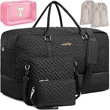 Weekender Bag for Women, 5 Pcs Set Carry on Overnight Bag, 23" Travel Duffel Bag with Waterproof Shoe Compartment for Weekend Travel Business Trip, Black with T Bag, Large-6 Pcs Set
