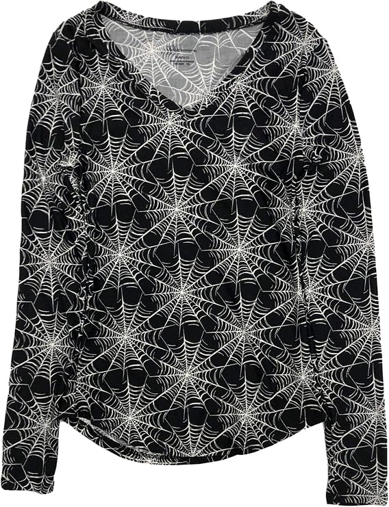 Womens (Juniors) Black & White Spider Web Long Sleeve Halloween Shirt Top