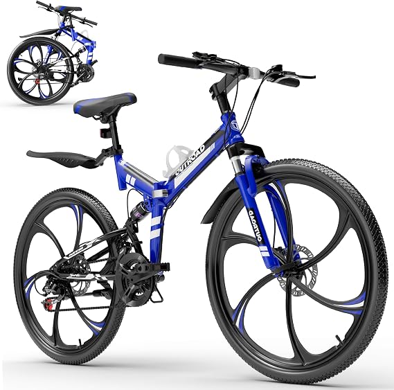 26 Inch Adult Folding Bikes/Mountain Bikes, 21 Speeds Mountain Bicycles with Full Suspension, Dual Disc Brake, High Carbon Steel Frame, Foldable Bike for Men/Women/Teen, Multiple Colors