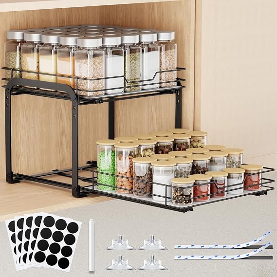 Pull Out Spice Rack for Inside Cupboard, 2-Tier Metal Spice Rack with Adjustable Height, Heavy Duty Slide Out Spice Rack Organizer (23W X 26D X 23H cm)