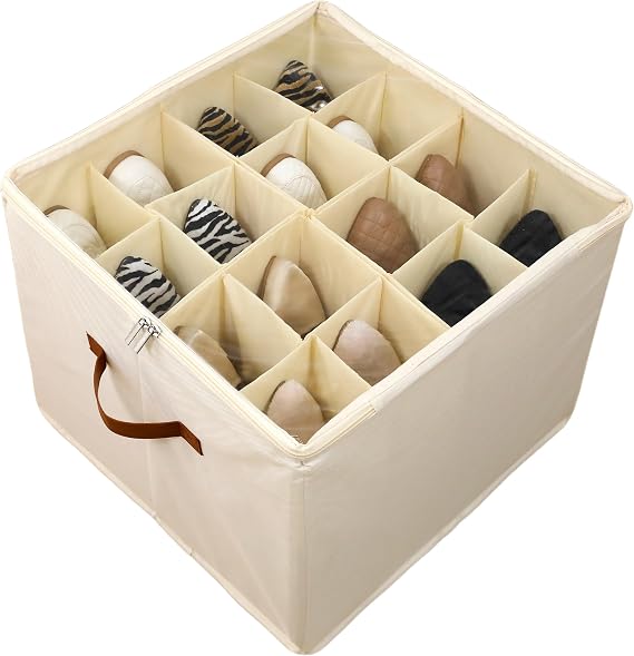 Shoe Storage Box, Fits 16 Pairs, Foldable Shoe Organiser with Clear Zip Cover, Adjustable Dividers & Handles, Space Saver Shoes Holder for Closet & Wardrobe