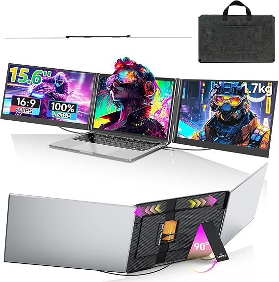 15.6'' Triple Laptop Screen Extender, Ultra-thin Portable Monitor Laptop | 1080P FHD Screen Extended Monitors, Plug&Play, Dual Monitor Extender for Mac/Windows/Chrome (Built-in Speakers)