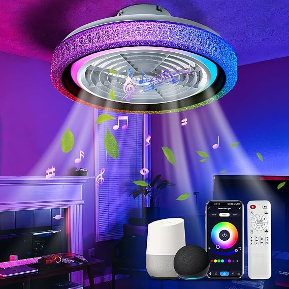 Ceiling Fan with Light, 20" LED RGB Low Profile Reversible Ceiling Fan Light with Bluetooth Smart WiFi, Compatible with Alexa, Google Assistant, 6 Wind Speed, with Remote Control App Control