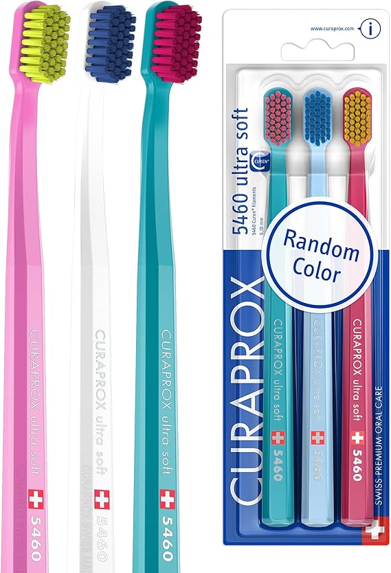 Curaprox CS 5460 Ultra-Soft Toothbrush for Sensitive Teeth & Gums | Gentle Plaque Removal | 3-Pack |Random Colour