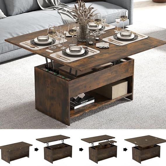 Manora 40'' Farmhouse Multi-Functional Lift-Top Coffee Table with Hidden Storage & Open Shelf, 4-in-1 Convertible Center Table for Living Room, Small Spaces, Dining or Home Office Workstation (Brown)