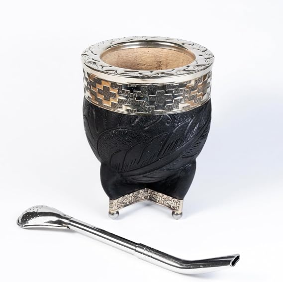 Yerba Mate Gourd with Stainless Steel Bombilla - Handmade Mate Gourd, Mate Drinking Cup, Pumpkin Mate Gourd, Yerba Mate Set, Argentina (Black I)