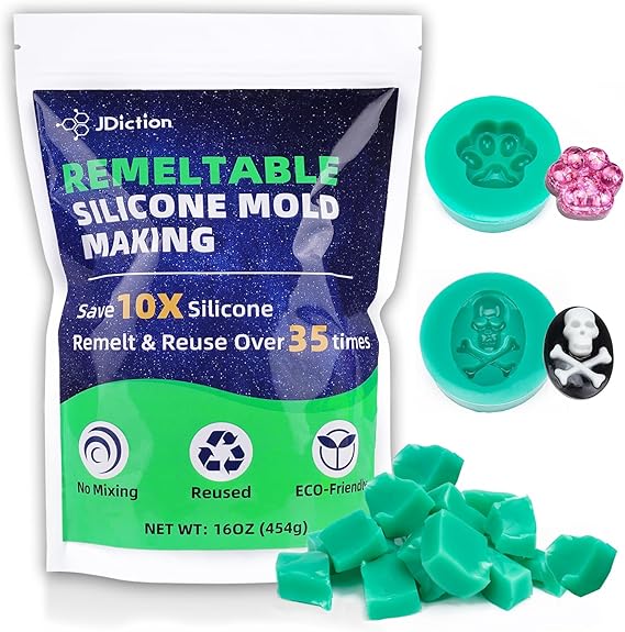 JDiction Remeltable Silicone Mold Making Kit, 35X Reusable Silicone for Mold Making, No Mix, Non-Toxic, Odorless Silicone Rubber for Resin, Epoxy, Picky Pad, Plaster, Soap, Candle, Small Crafts-16oz