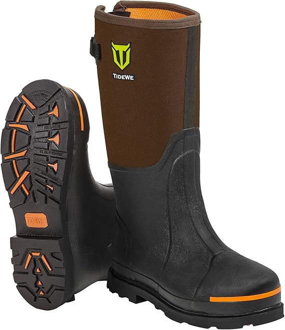 TIDEWE Rubber Work Boot for Men with Steel Toe & Shank, Waterproof Anti Slip Hunting Boot, 6mm Neoprene Hunting Boot for Manufacturing, Construction, Farming, Black,Brown, Size 7-13