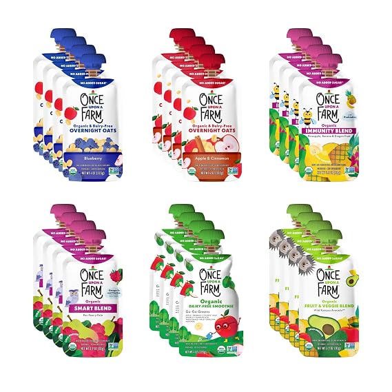 Once Upon a Farm Pouches, All Day Snacks Variety Pack, Blueberry, Apple, Pineapple, Raspberry, Avocado, USDA Certified Organic, Non-GMO, Cold-Pressure Protected, No Sugar Added, Variety Pack of 24