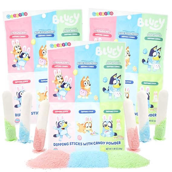 Bluey Easter Basket Stuffers, Dipping Sticks and Powder Candy Pouches, Assorted Fruit Flavors, 1.90 Ounces (Pack of 3)