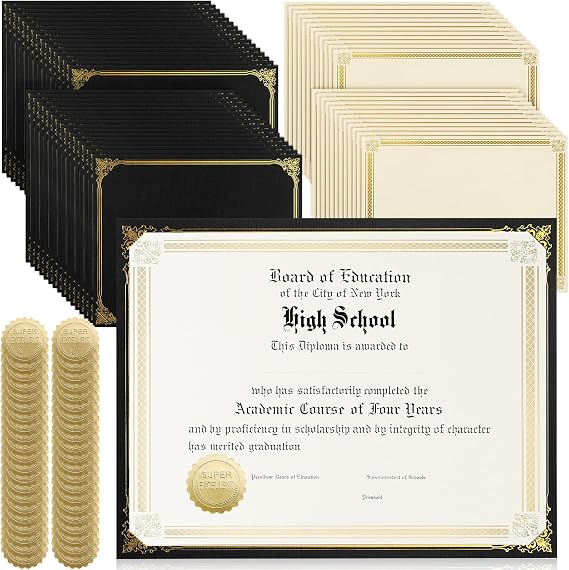 Kosiz 150 pcs Certificate Kit Includes 50 Gold Foil Certificates 50 Single Sided Holders 8.5'' x 11"50 Gold Foil Award Seals for Diplomas, Awards, and Accomplishments(Black)