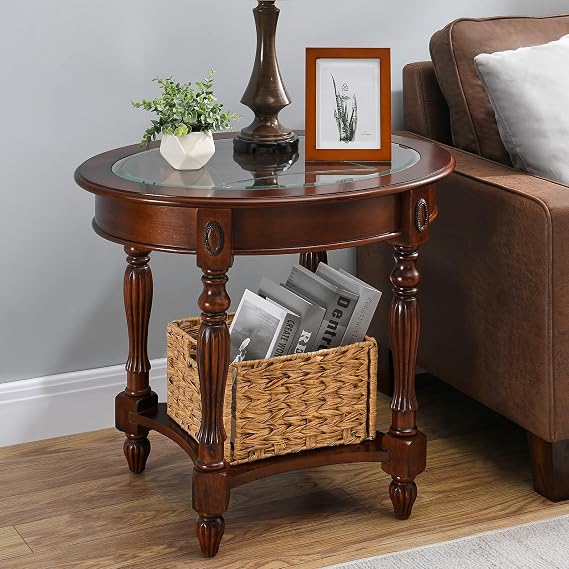 Solid Wood End Table with Tempered Glass, Oval Sofa Side Table with Storage Shelf, Carvings Side Elegant Vintage, Easy Assembly, for Living Room Walnut CJZ1533GT