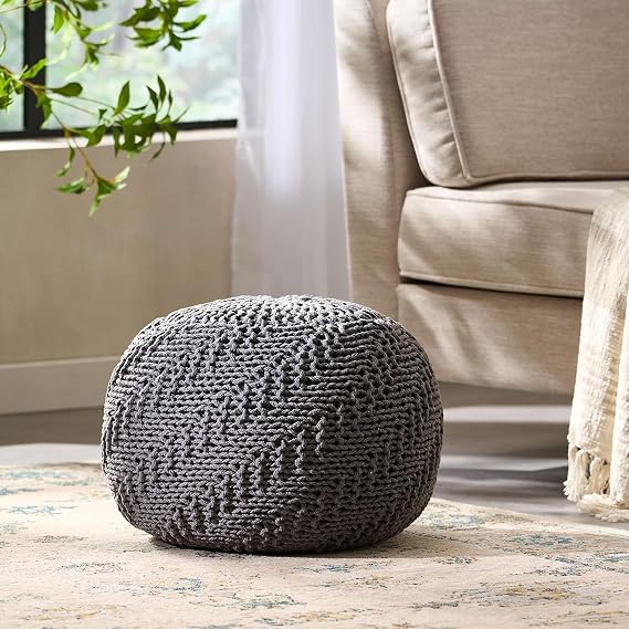 Handcrafted Knitted Cotton Round Pouf - 20x20, Modern Design, Soft and Comfortable, No Assembly, Home Decor, Knit Ottoman, Boho Floor Pouf for Living (Knitted Pouf - Dark Gray)
