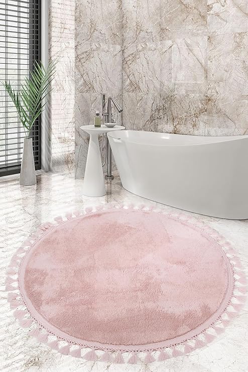 Relax Pudra Yuvarlak 100x100 cm Ponpon Saçaklı Kaymaz Tabanlı Banyo Paspası