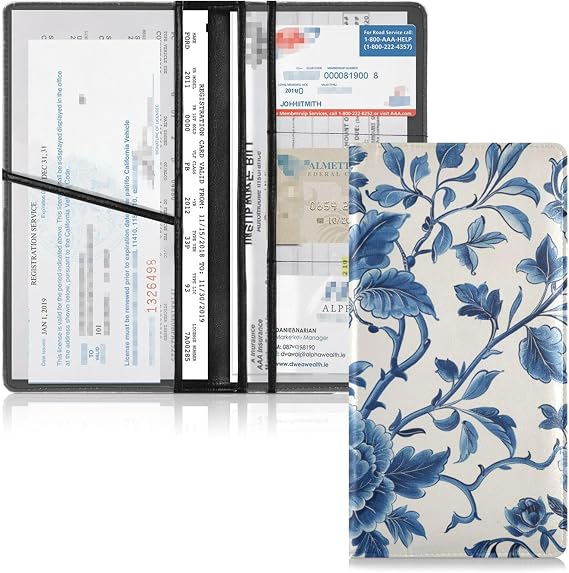 Car Registration and Insurance Card Holder, Blue White Pattern Chinoiserie Glove Box Organizer Card Document Wallet