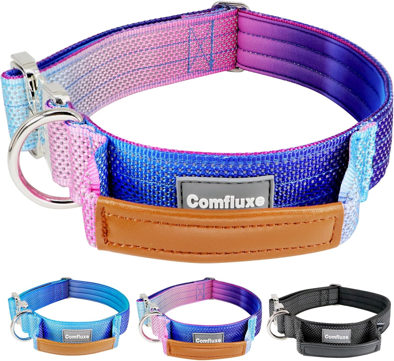 Upgrade Reflective Tactical Military Dog Collar with Leather Handle & Neoprene Padded for Large Dogs, Wide Thick Heavy Duty Dog Collar with Quick Release Metal Buckle for TrainingPurple, L