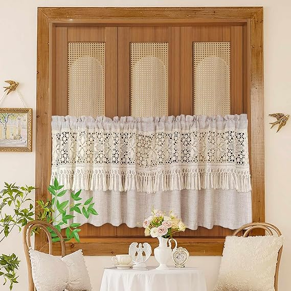 Boho Crochet Lace Linen Sheer Valances for Window Kitchen Oven Apron Cafe | Vintage Macrame Valances with Tassels for Dining Room Living Room Rustic Half Curtain Rod Pocket 1 PC (W59 L20 in,Beige)