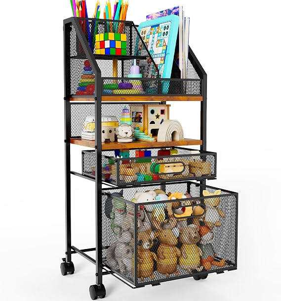Rolling Cart with Drawers Metal Moving Craft Storage Cart with Lockable Wheels Wood&Mesh Rolling Utility Organizer Filing Cabinets for Home Office Classroom Organization(31 * 15 * 10 Inch)