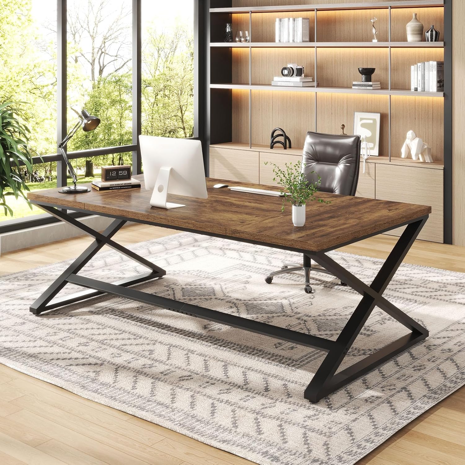IBF 70.8" Rustic Brown Computer Desk, Extra Long Wood Office Desk for Home, Industrial Metal Large Work Study Writing Table, Dual Monitor Pc Workstation Computer Table for Two Person