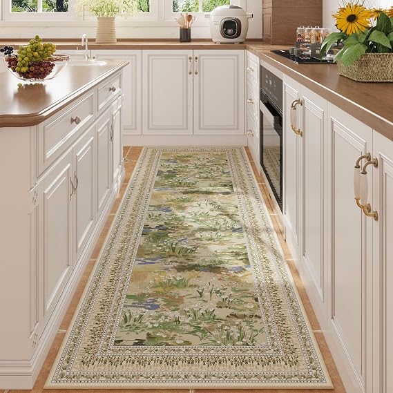 Rugcomf Runner Rug 2'7"x8' Washable Vintage Impressionist-Style, Beige