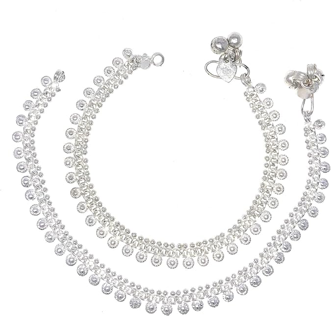Duel On Jewel Indian Anklet Payal Set for Women, Silver Plated Chain Anklets with Bell, Jhanjar Paizeb Foot Jewelry Pair, Traditional & Dainty Styles, Wedding Dance Beach Everyday Wear Gift Jewelry